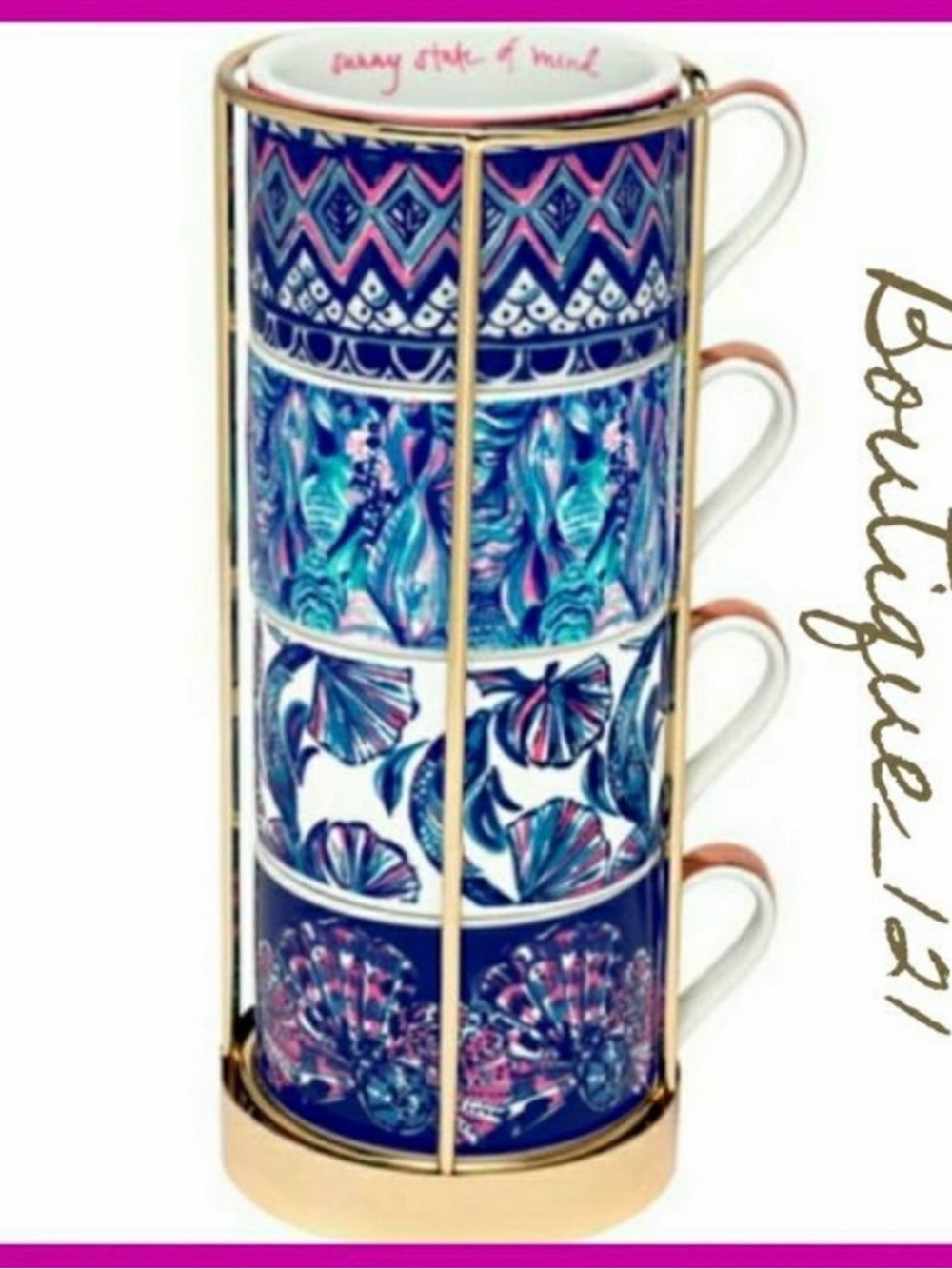 NWT Lilly Pulitzer Cappuccino Mug Set 4 Gold Stand Sunny State of Mind